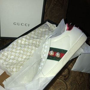 Gucci Ace Studded Web Low-Top Sneaker, White